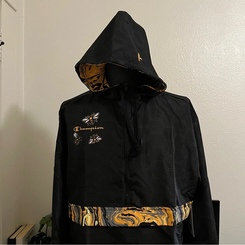 Champion Unisex Savinthebees Black & Yellow Honeycomb Anorak Windbreaker NWT S-M - Picture 2 of 11